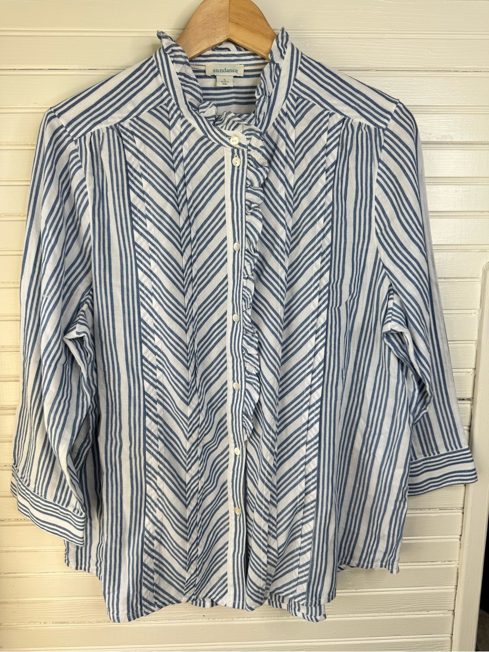 Sundance Blue and White Striped Ruffle-Front Button Down Shirt